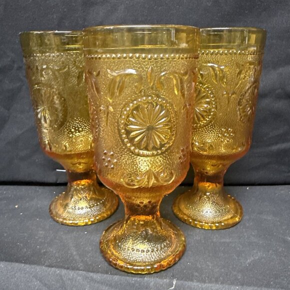 Brockway Glass Concord Amber Water Goblets Set Of 3 Vintage Textured Glass 6.5 I - Picture 1 of 4